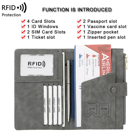 Anti-theft Passport Wallet RFID Passport Holder Zipper Buckle Travel Wallet Document Holder Multifunctional Travel Passport Bag